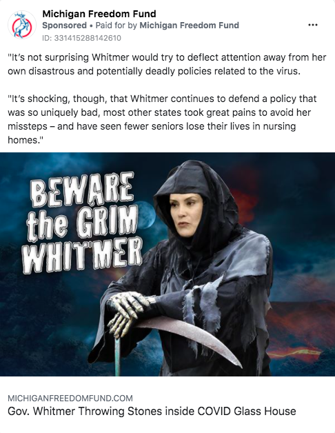 A rightwing group heavily funded by the DeVos family helped organize multiple protests again Whitmer's COVID-related lockdowns, & it has attacked Whitmer ever since, even buying an ad that portrayed her as the Grim Reaper.  https://www.exposedbycmd.org/2020/10/21/gop-politicians-and-conservative-groups-set-the-stage-for-attempted-kidnapping-of-michigan-governor/