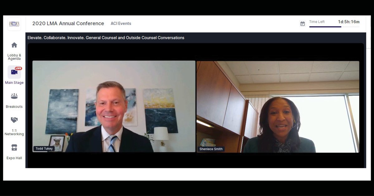 BassBerrySims's tweet photo. As part of the main stage session at the #lmaintl Annual Conference, @toddtukey interviewed Sheniece Smith, VP & GC @Hannibalhealth who shared insight on how firms can build trust with GCs, where firms are falling short and areas of opportunity for the industry in 2021. #lma2020 https://t.co/acNOW8BgfY