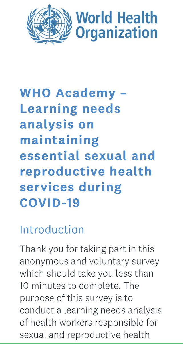 Are you a #healthworker providing sexual & reproductive health services? #WHOAcademy is designing a course & would like to hear from you by 31 Oct about your learning needs to ensure continuity of essential services during #COVID19. Please share 🙏 surveymonkey.com/r/8QNXKVP