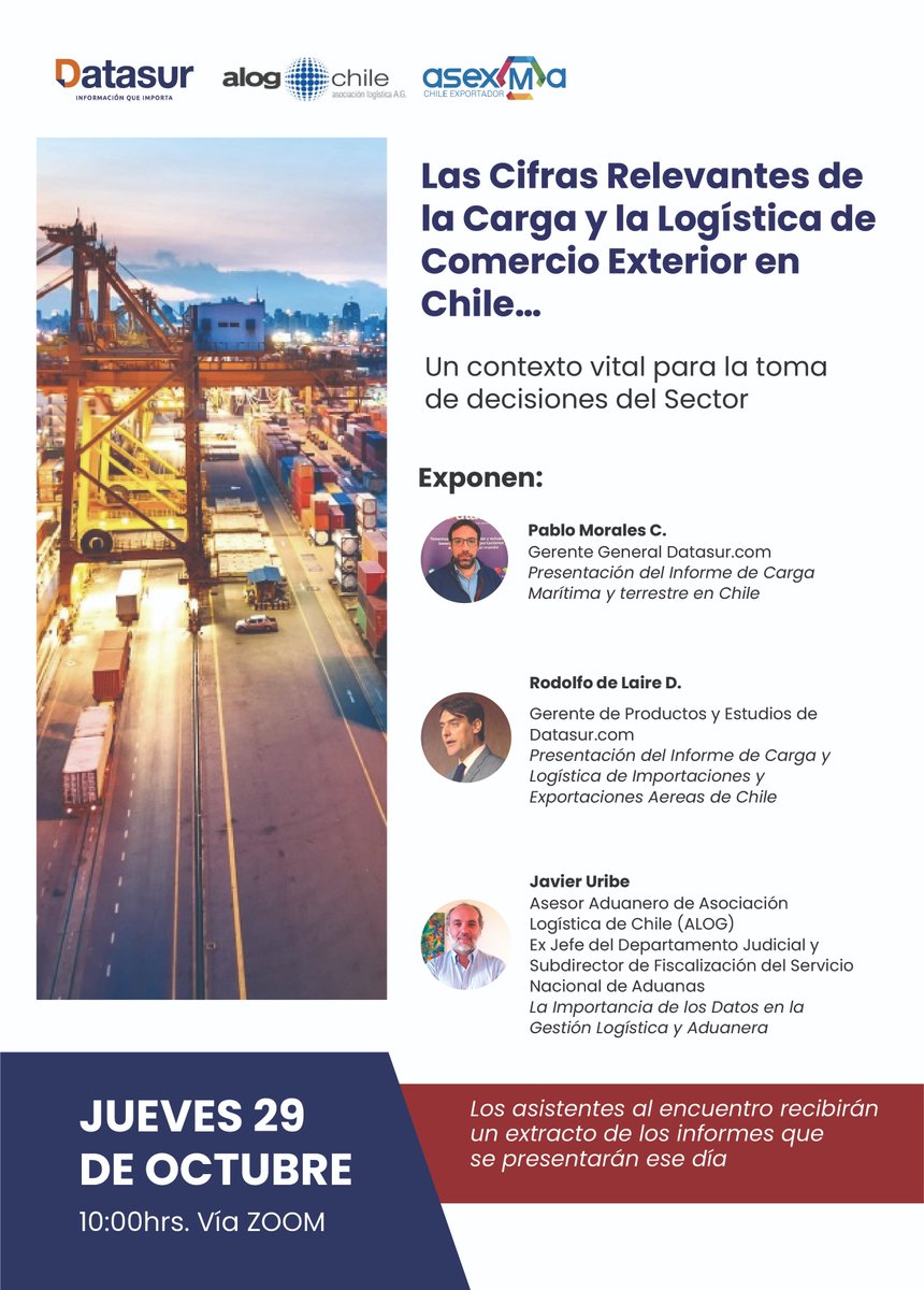 Como siempre, ALOG Chile apoya los eventos más relevantes de la industria logística nacional. Esta vez, los invitamos a la cita virtual organizada por DATASUR, en la cual se revisarán las  estadísticas y proyecciones del rubro. Únete aquí: datasur.com/lp/webinar-log…