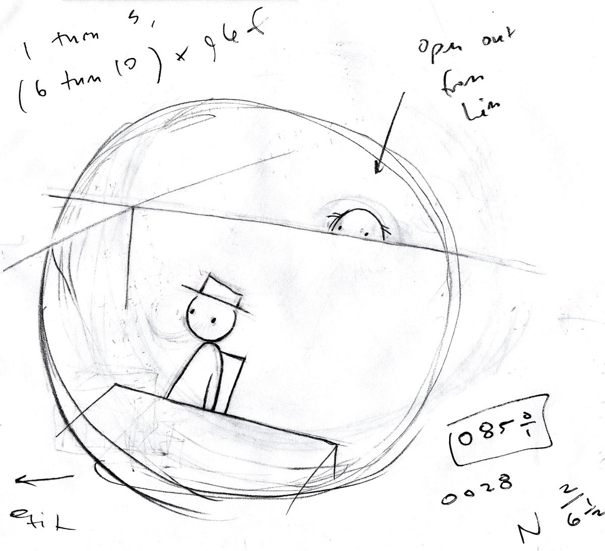 while we're on the subject, here's a thread of old-school animation camera stuff. these first pics are layout sketches from "i am so proud of you". it was all shot thru tiny holes (in black paper under the lens), so i used these sketches to plot out framing + timing of each shot