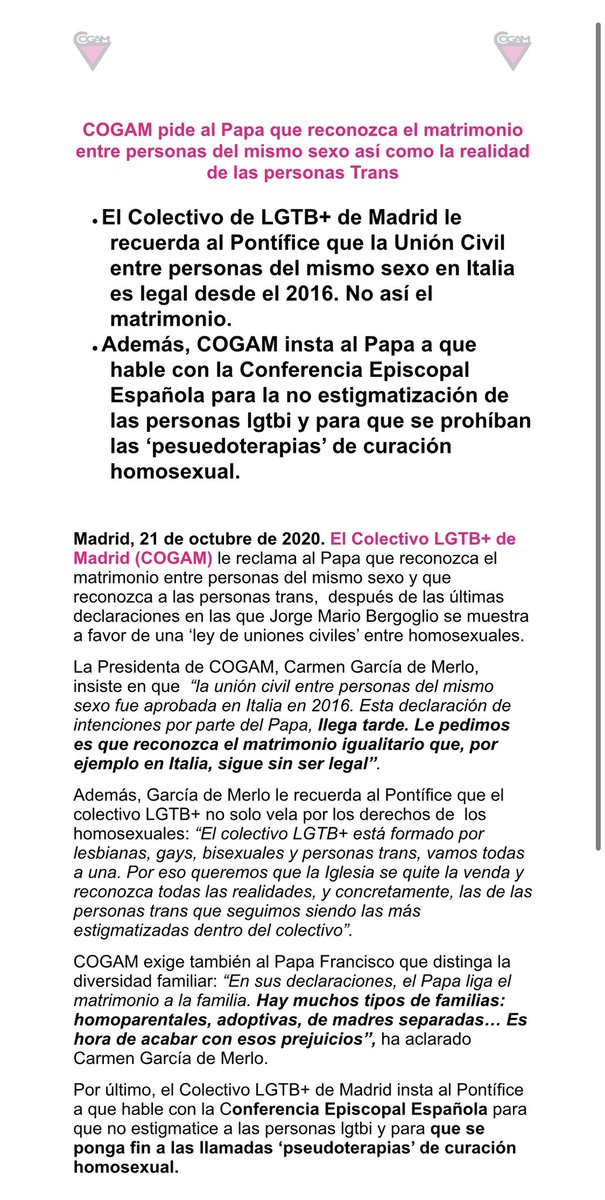 COGAM pide al #Papa que reconozca el matrimonio entre personas del mismo sexo así como la realidad de las personas Trans #MatrimonioIgualitario #lgtb #igualdad #diversidad