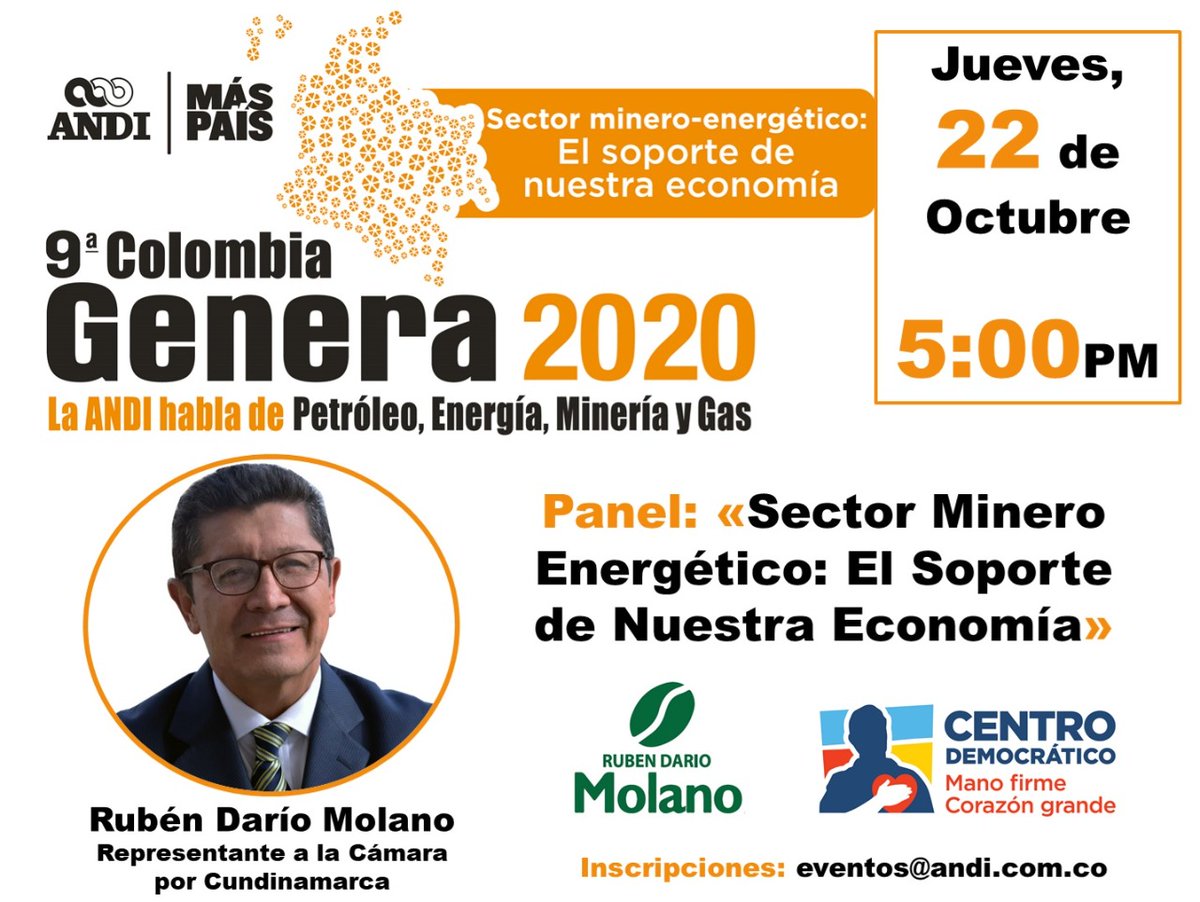 Camara_Molano's tweet photo. ✅ La cita es este jueves a las 5 de la tarde estaremos en #GENERA2020 participando  del panel:  "#SectorMineroEnergetico: el soporte de nuestra Economía" @ANDI_Colombia. 

Acompáñanos y participa!! https://t.co/cCZerYw4DP
