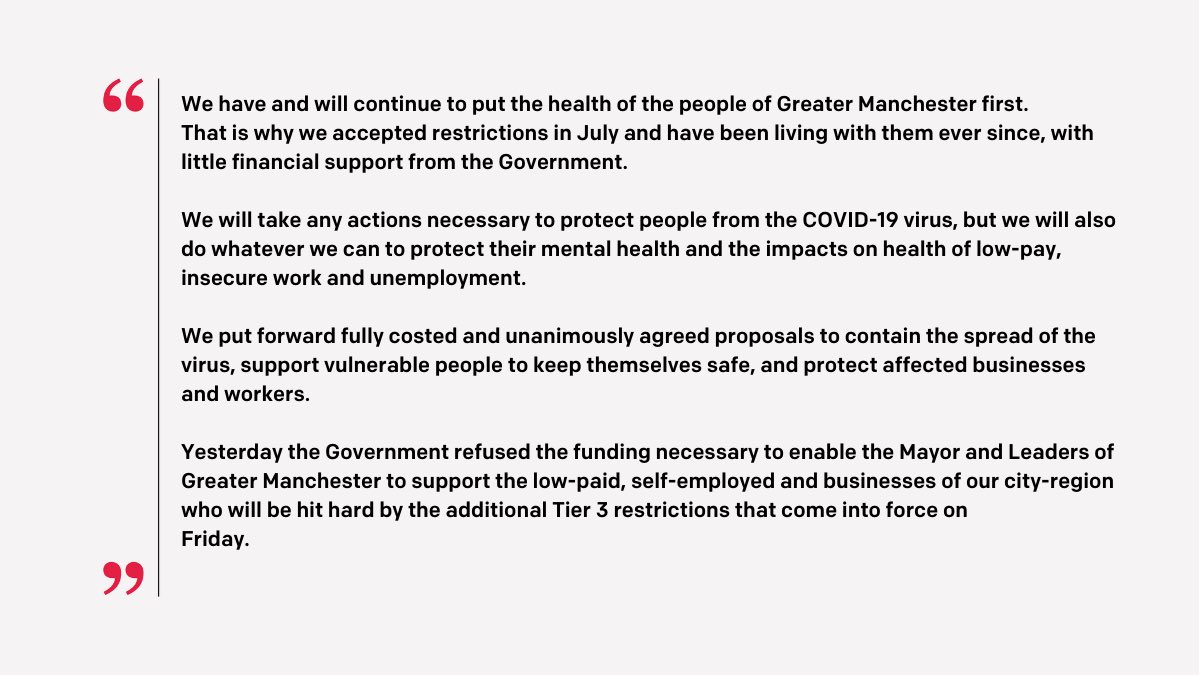 KevinLee's tweet photo. Today the Leaders of the Greater Manchester Combined Authority supported the Mayor @AndyBurnhamGM & stood firm against a Govt which refuses to provide financial help for the low-paid, the self-employed & GM businesses hit by restrictions & lockdown. They refused to be divided.👇🏻 https://t.co/khrHcP2LSo