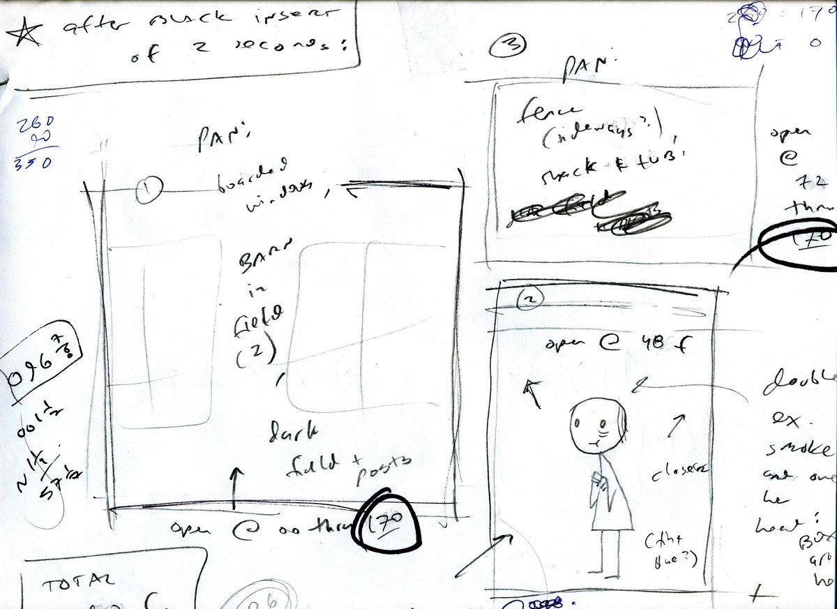 while we're on the subject, here's a thread of old-school animation camera stuff. these first pics are layout sketches from "i am so proud of you". it was all shot thru tiny holes (in black paper under the lens), so i used these sketches to plot out framing + timing of each shot