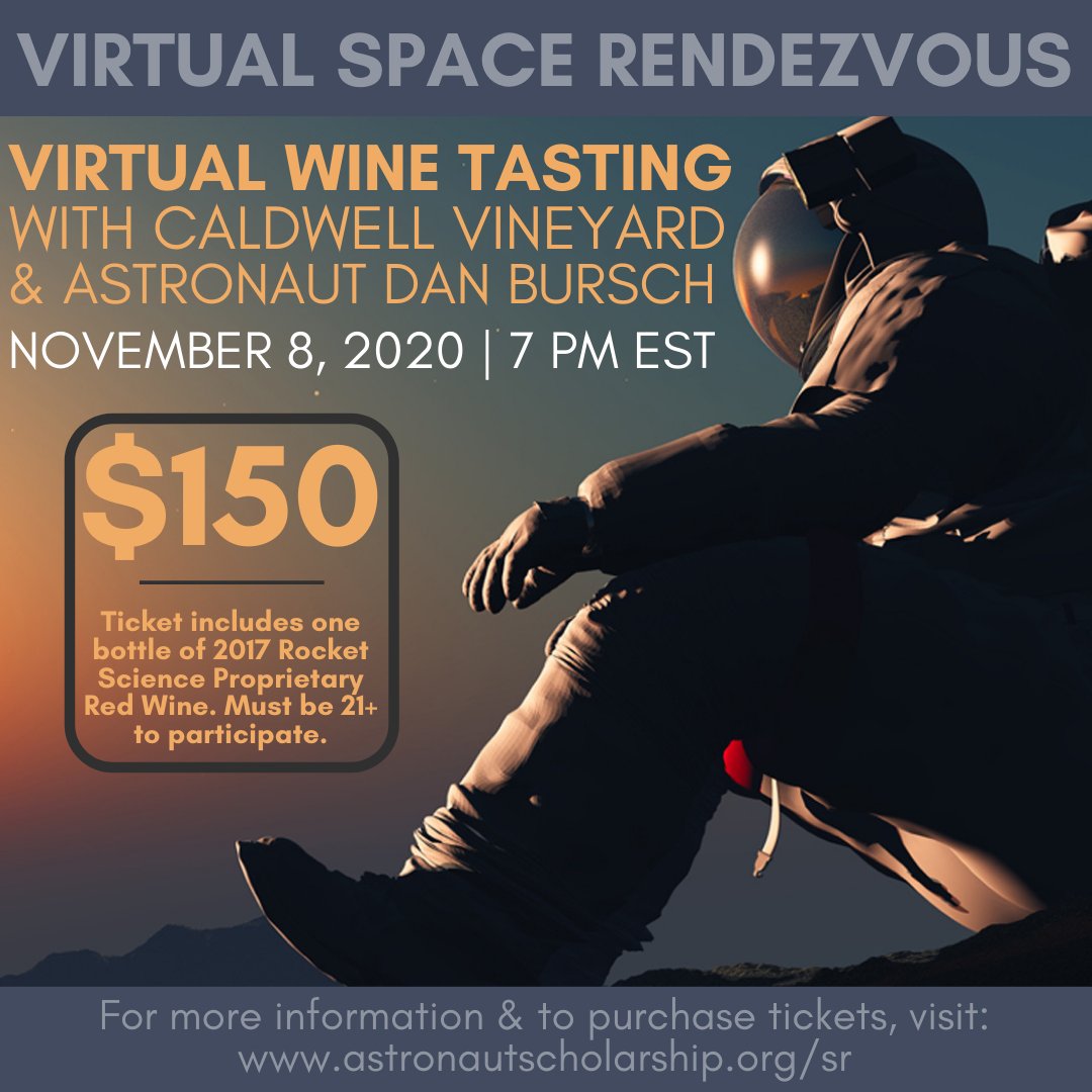T-minus 4 days left to purchase your Virtual Wine Tasting tickets!
Don't miss the Virtual Rocket Science Wine Tasting with Astronaut Dan Bursch and Caldwell Vineyard on 11/8. Tickets will close on 10/25.
To purchase your tickets, visit: https://t.co/Y3MzCDIXh0 https://t.co/B7eL78YHAI