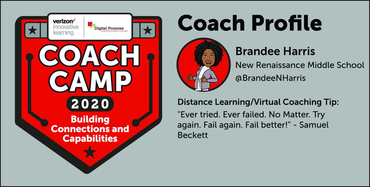 Verizon Innovative Learning Schools (@dpvils) on Twitter photo <a href="/BrandeeNHarris/">Brandee Harris</a>, the #dpvils coach at <a href="/NewRenCavaliers/">Cavalier Nation</a> in <a href="/browardschools/">Broward Schools</a> cites Samuel Beckett when giving advice for distance learning: "Ever tried. Ever failed. No Matter. Try again. Fail again. Fail better!" #VILSCoachCamp <a href="/BrandeeNHarris/">Brandee Harris</a>, the #dpvils coach at <a href="/NewRenCavaliers/">Cavalier Nation</a> in <a href="/browardschools/">Broward Schools</a> cites Samuel Beckett when giving advice for distance learning: "Ever tried. Ever failed. No Matter. Try again. Fail again. Fail better!" #VILSCoachCamp