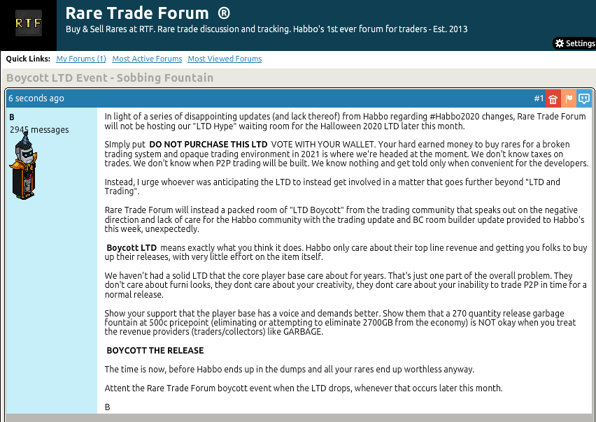 Doing my part to increase the players' voice so @Habbo listen to their base before it's too late. I'll be hosting a BOYCOTT LTD event later this month in the Rare Trade Forum homeroom. We otherwise host a LTD drop event, this time we'll do so to have Habbo's BOYCOTT the LTD. 🗣️📢 https://t.co/de7SECzuZJ