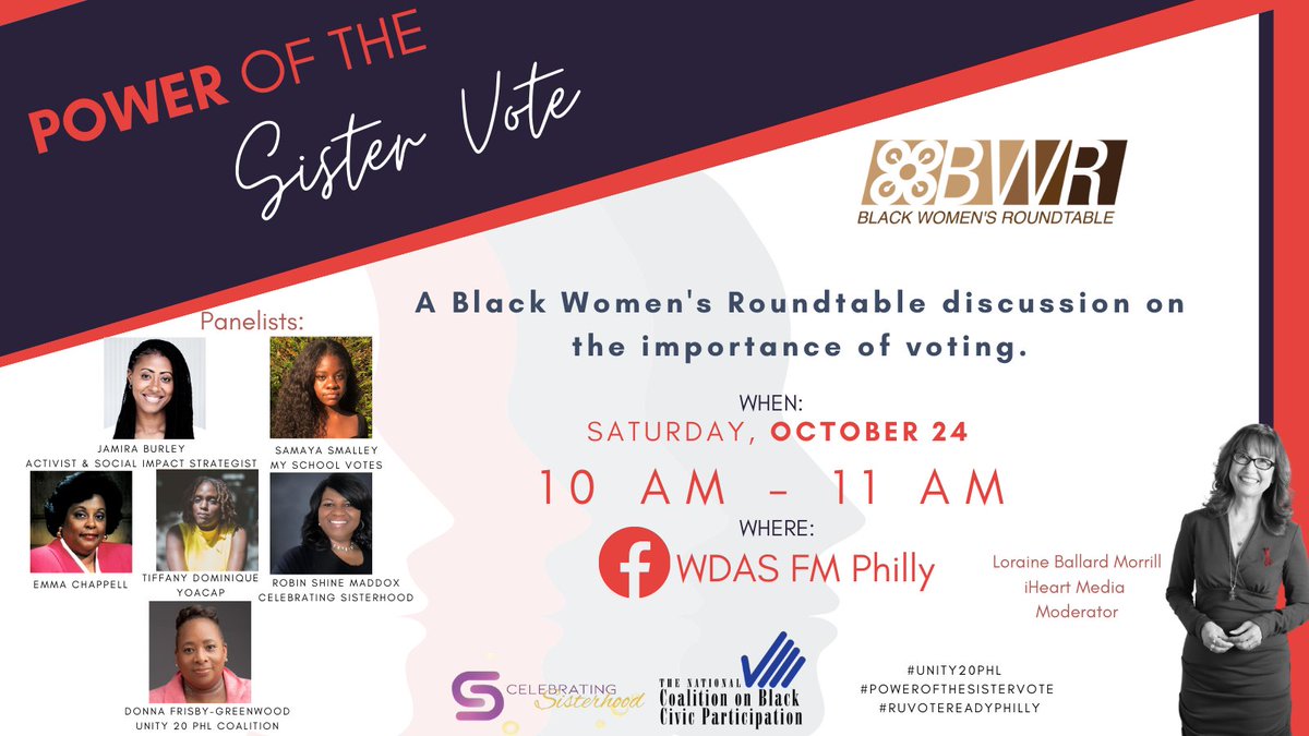 DAFrizzG's tweet photo. Join @Robinmindy @JamiraBurley @loraineballard this Saturday, October 24, 10 am for an intergenerational discussion on the election and issues of importance to #BlackWomen. #PoweroftheSisterVote #Unity20PHL #CelebratingSisterhood https://t.co/tHTw57ydlt