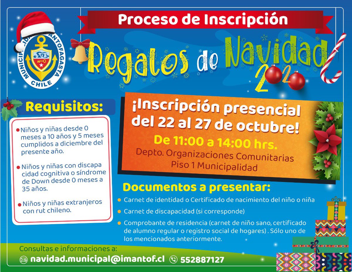 AntofagastaMuni's tweet photo. #ProgramaNavidad 2020: ¡Atención vecin@s! A partir de mañana y hasta el 27 de octubre, inscripción presencial #Antofagasta https://t.co/AdeoZ2BDPy