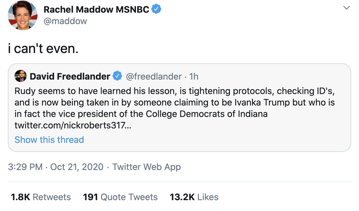 THREAD: A random kid faked a text message between him and Rudy Giuliani and is now claiming it's "satire" after dozens of blue checks, including names like Rachel Maddow, fell for it.Here are a few of the quote tweets... who knows how many more blue check RTs there are...