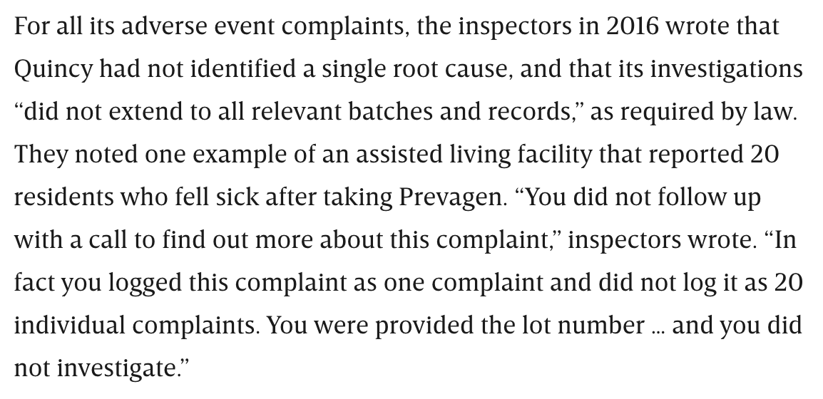 One example FDA investigators cited in a 2016 inspection report stood out to me, personally: 20 residents of an assisted living facility fell ill after taking Prevagen. The company reported it as one complaint and didn’t follow up on info they were provided. 7/