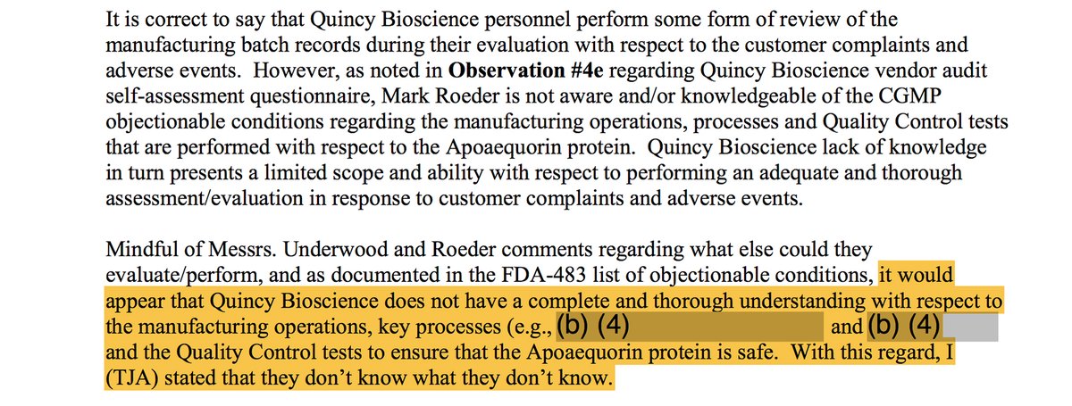 FDA had more concerns. In that same report inspectors wrote, "It would appear that Quincy Bioscience does not have a complete and thorough understanding…to ensure that the Apoaequorin protein"—the main ingredient—"is safe." Prevagen had been around for 9 years at this point. 8/