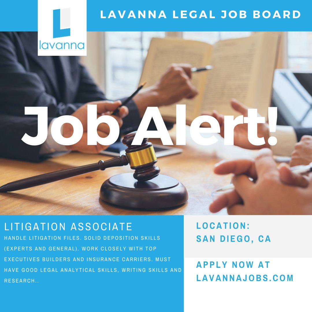 lavannajobs's tweet photo. #Job Alert! There's an opening for a #LitigationAssociate at a #LawFirm in #SanDiego, #CA. Check it out and others at the Lavanna jobs website! #applynow #hiringnow

https://t.co/qQWsLv9PgN https://t.co/JIQggx2DzV
