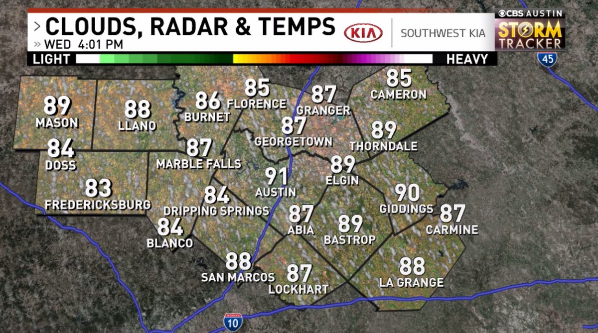 ChikageWeather's tweet photo. For those keeping track of our #Octember weather, we're now up to 91 in #ATX, just 1 degree shy of the record high 92 set in 1979. Next week, we'll transition to #Octvember, at least. #atxwx #cbsaustinwx https://t.co/ZkYFcgpOBa