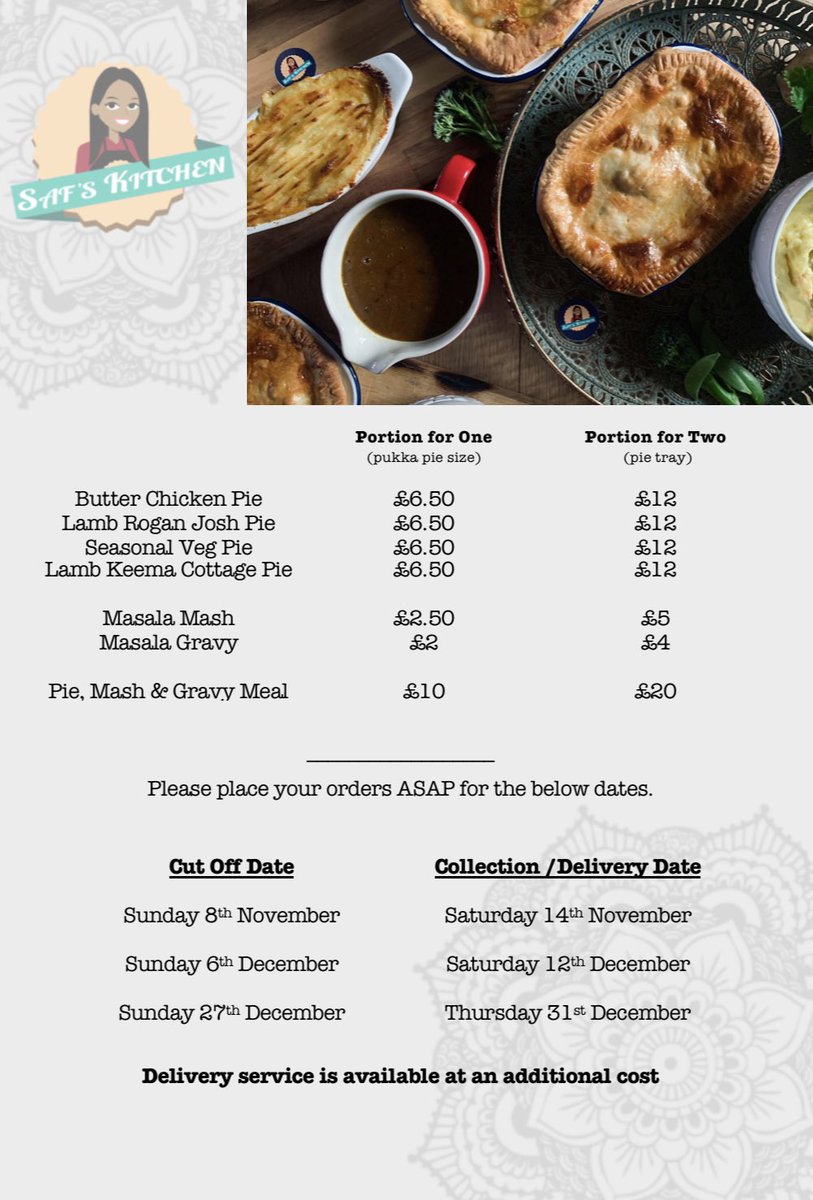 PIES…PIES…PIES…We all ❤️ a pie and we all ❤️ a curry, so why not combine the two together to make the ultimate  PUNJABI PIE 🤩

Vegan, Gluten Free options available on request. 

Please get your orders in ASAP. There are three dates to order your pies.