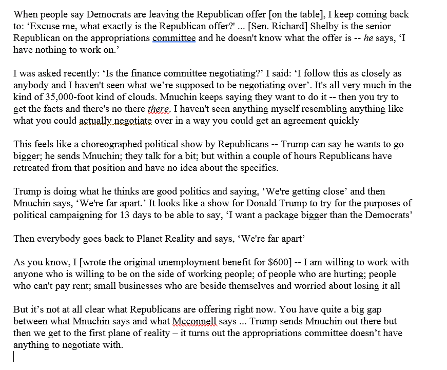 JStein_WaPo's tweet image. Today I asked Sen. @RonWyden (D-Ore.), ranking member on Senate finance committee, if Democrats could wind up regretting not taking Mnuchin's $1.8 trillion offer

Felt Wyden's full response may be worth putting out there: