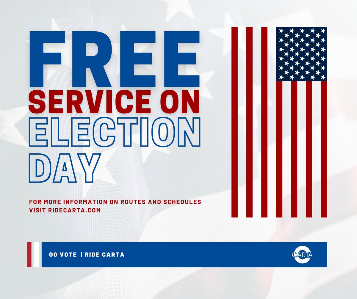 🚨🚨 BREAKING: CARTA will offer fare-free service on all routes on Election Day, Nov. 3. For early voters heading to the polls between Oct. 22 and Nov. 2, show your “I Voted” sticker to the driver when you board to ride free as well. #NoCostCARTA #2020ElectionDay #RideCARTA