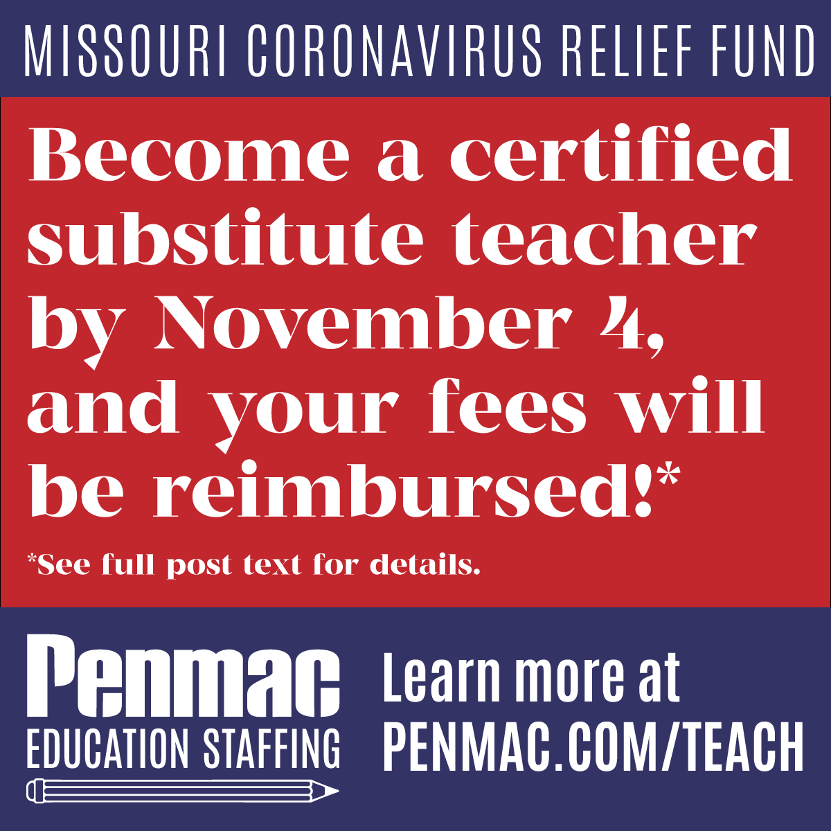 PenmacEducation's tweet photo. Become a substitute teacher by November 4 and your fees will be reimbursed from the Missouri Coronavirus Relief Fund! More details are available at: https://t.co/HXxlNA7BJw https://t.co/nwM8wEXz1T