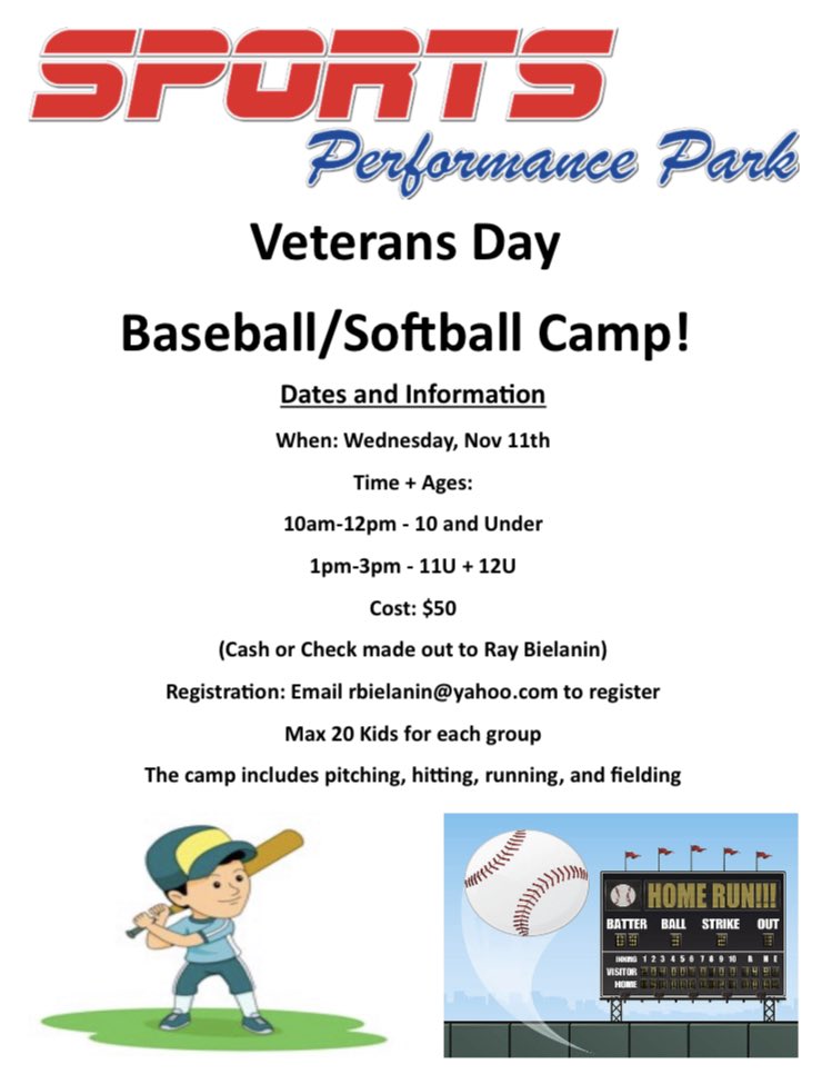 Join us Wednesday November 11th for our Baseball/Softball Veterans Day Camp!!! 🎖🇺🇸