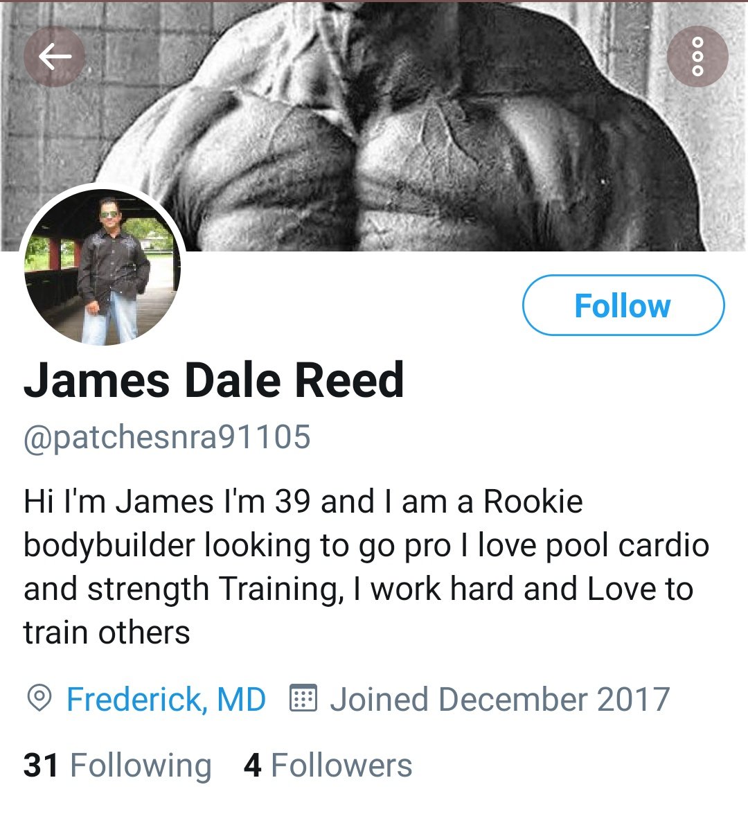 James Dale Reed, 42, of Frederick, Maryland, appears to have set up and then abandoned Twitter account  @patchesnra91105 in 2017. That account belongs to a body builder and Trump supporter.