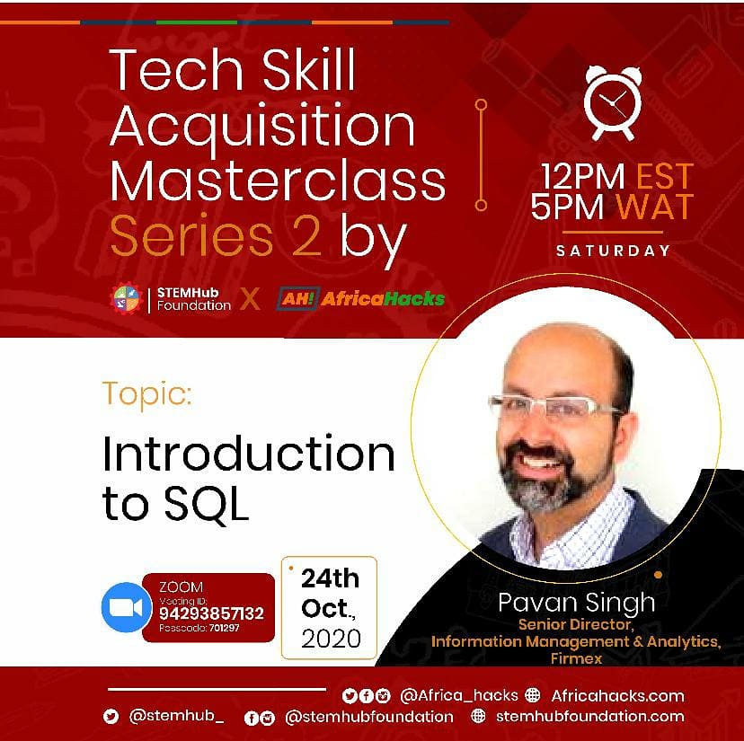 STEMHub_'s tweet image. Interested in #DataScience? This Saturday, October 24, advance your career with a hands-on Masterclass on #IntroductiontoSQL. Come and learn from one of the finest experts in #Torontotech.
Please click the link below to join the webinar: zoom.us/j/94293857132
Passcode: 701297