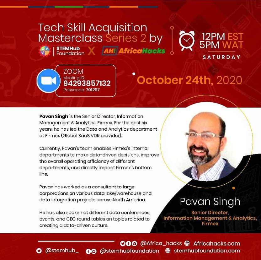 STEMHub_'s tweet image. Interested in #DataScience? This Saturday, October 24, advance your career with a hands-on Masterclass on #IntroductiontoSQL. Come and learn from one of the finest experts in #Torontotech.
Please click the link below to join the webinar: zoom.us/j/94293857132
Passcode: 701297