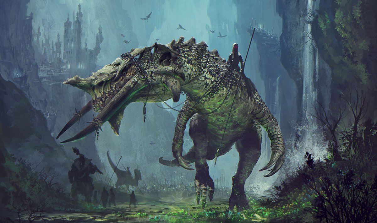 In lands where the dinosaurs still roam under the conjuration of magic, they serve often as companions to the villagers. But when war is waged, they serve as cavalry. To further influence amongst the many nations in conflict.

#WritingCommunity #vss365 #art #fantasy
