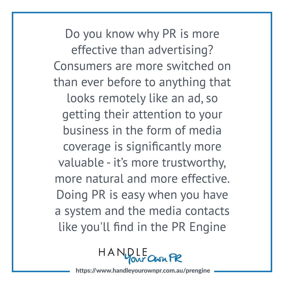 handleyourownpr's tweet photo. Why is PR more effective than advertising? Because consumers are awake to average marketing and getting noticed through media coverage is significantly more valuable, more trustworthy, more natural and more effective. Get PR 'like' a pro with the PR Engine https://t.co/0Y6XKmmzh1 https://t.co/ooqLlYRxYO