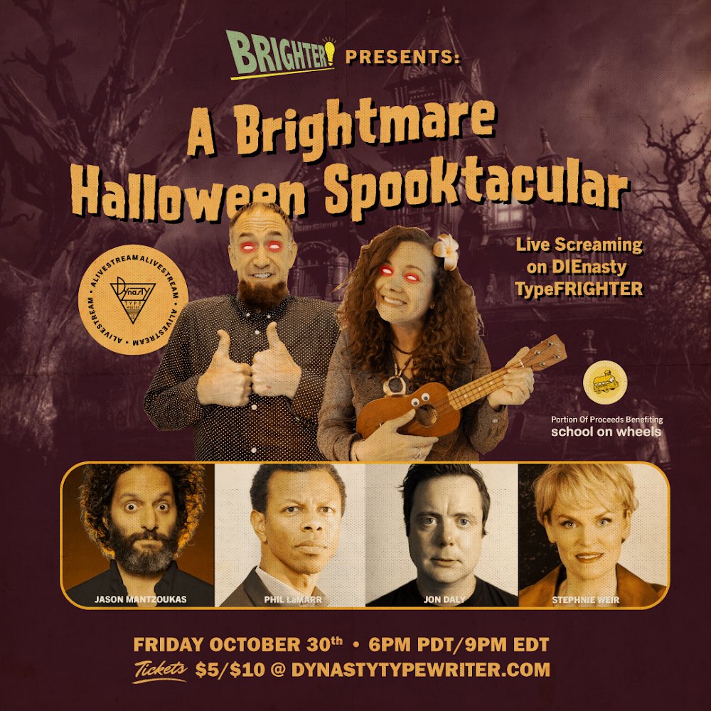 Come spend Halloween with us, Jason Mantzoukas, <a href="/phillamarr/">Phil LaMarr</a> <a href="/jondaly/">Jon Daly</a> Stephnie Weir &amp; more virtually at <a href="/JoinTheDynasty/">Dynasty Typewriter</a> ! The spooks are Friday 30th Oct &amp; tickets are $5/$10, with a portion of the proceeds benefiting <a href="/SchoolonWheels/">School on Wheels</a> . Get tickets at dynastytypewriter.com 🎃🕸👻