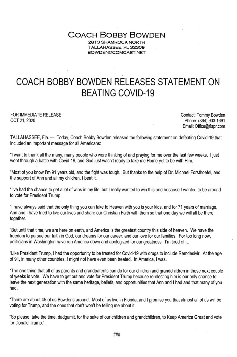 91 yr old Coach Bobby Bowden recovered from Covid and encourages all the vote for President Trump!!!   Keep America Great! 🇺🇸 ⁦<a href="/TeamTrump/">Team Trump (Text TRUMP to 88022)</a>⁩ ⁦<a href="/WomenforTrump/">Women for Trump</a>⁩
