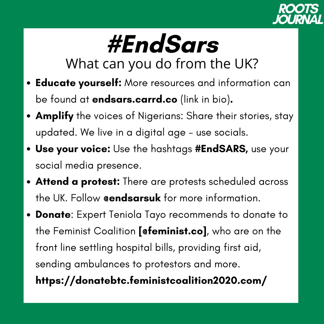 rootsjournal_'s tweet photo. What’s happening right now in Nigeria is devastating. Urgent systemic reform is needed. 
Use your voice and amplify the voice of the Nigerian community. 

#EndsSARS #EndPoliceBrutalityinNigeria https://t.co/C5gN7QYQFN