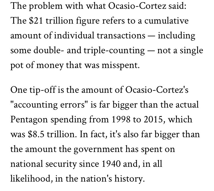 Notably, this claim was often made by the NYT & WaPo with no issue, and it was only fact checked when the libertarian’s greatest nightmare (in more than one way) AOC made the claim. This is ironic but doesn’t change the facts.  https://www.statesman.com/news/20181204/fact-check-21-trillion-in-lost-pentagon-spending-that-cant-be-right