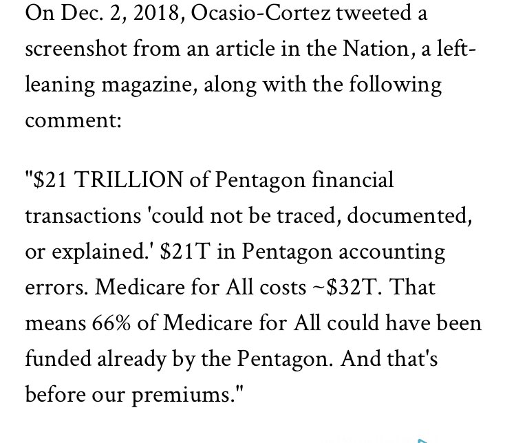 Notably, this claim was often made by the NYT & WaPo with no issue, and it was only fact checked when the libertarian’s greatest nightmare (in more than one way) AOC made the claim. This is ironic but doesn’t change the facts.  https://www.statesman.com/news/20181204/fact-check-21-trillion-in-lost-pentagon-spending-that-cant-be-right