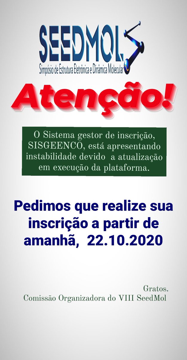 seedmol's tweet image. Aviso sobre o site das inscrições!
#seedmol #seedmoldf #estruturaeletronica #dinamicamolecular #quimicateorica #quimicacomputacional #modelagemmolecular #drugdesign #nanomateriais #bioinformatica #quimicamedicinal #catalise #simulaçao #novosmateriais #fisicaatomicaemolecular a