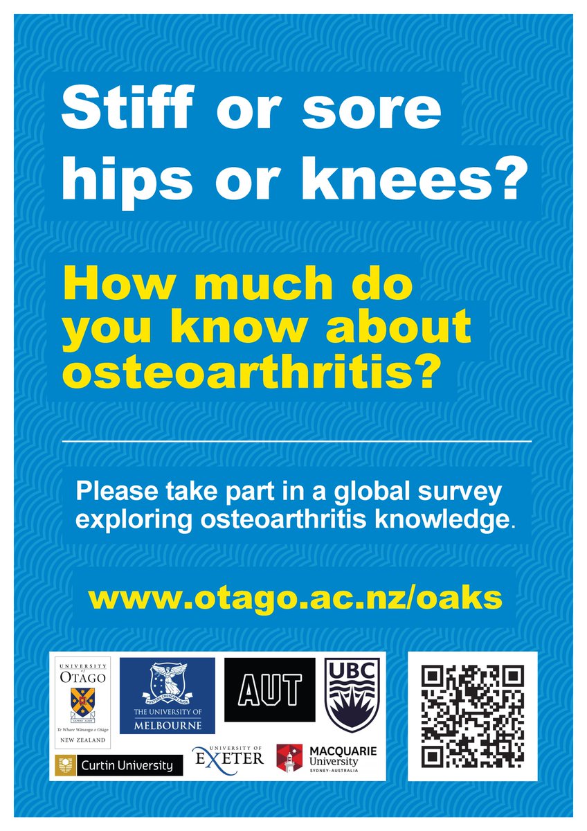 Do you treat people who have hip or knee OA? We are exploring global knowledge about OA

Please:
1) display study poster in your clinic/website/FB (pdf at otago.ac.nz/oaks)
2) forward the survey link to people who have hip or knee OA: otago.au1.qualtrics.com/jfe/form/SV_1C… 
3)RETWEET