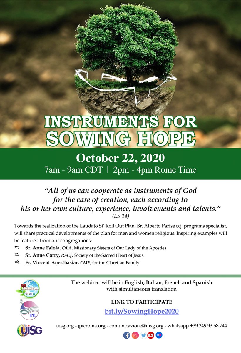 We hope you can join the webinar tomorrow morning. To participate, please go to bit.ly/SowingHope2020

The webinar will be in English, Italian, French and Spanish with simultaneous translation.