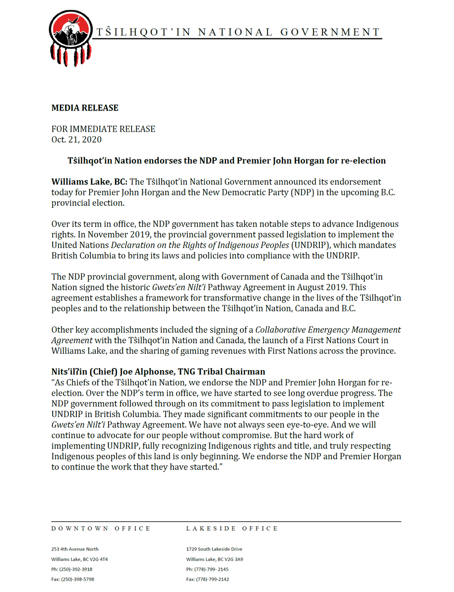 Media Release: @tsilhqotin Nation endorses the @bcndp  and John Horgan for re-election
facebook.com/Tsilhqotin/pos…