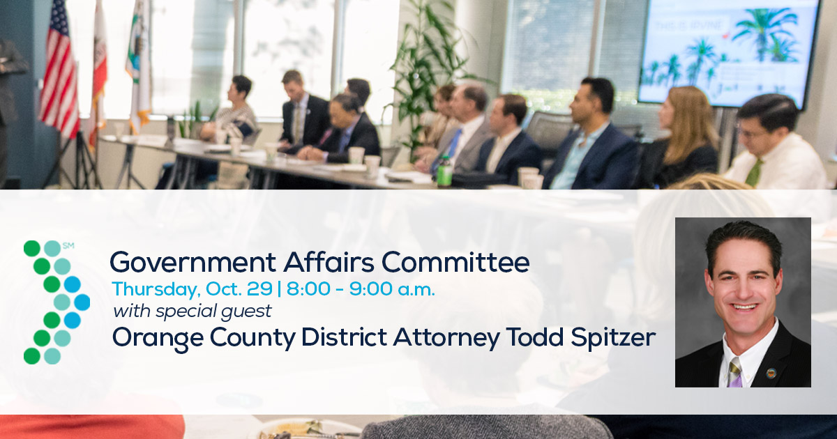IrvineChamber's tweet photo. Attend the Greater Irvine Chamber Gov't Affairs Committee meeting Thursday, Oct. 29 @ 8:00 AM to hear from special guest @OCDAToddSpitzer, who will speak on the changes the DA's office has made in response to COVID-19. Free to attend. Register here: https://t.co/V6FJbcXCd4 https://t.co/yzSoABOpp4