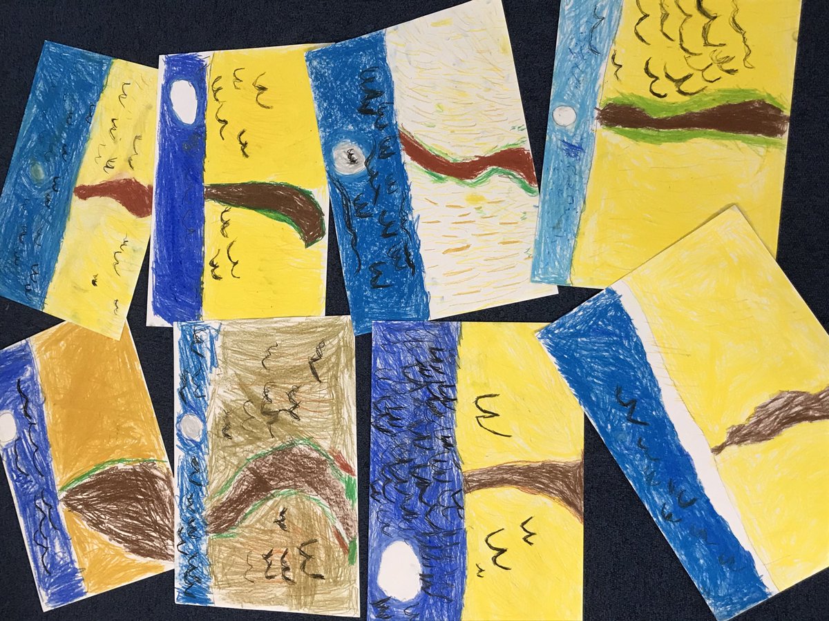 ClaireSimons18's tweet photo. Oil pastel art inspired by Wheatfield with Crows by Van Gogh. Class 2 are showing their individual style! Fabulous. #bestdaysoftheirlives #takeoneartist @stanneskly https://t.co/SWDFTbnyGS