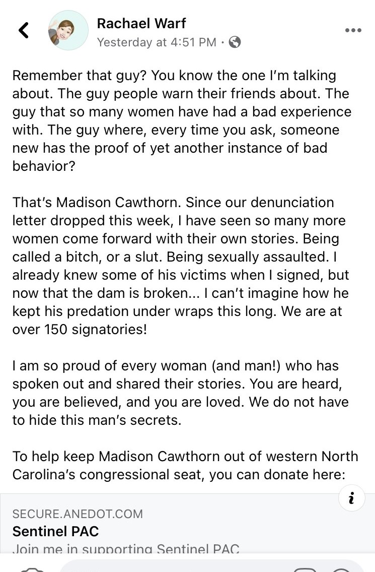Patrick Henry College students speak out on Madison Cawthorn:"Being called a bitch, or a slut. Being sexually assaulted.""I watched him lie about his past from our chapel stage without batting an eye.""Cawthorn is the definition of an immoral private citizen." #nc11  #ncpol