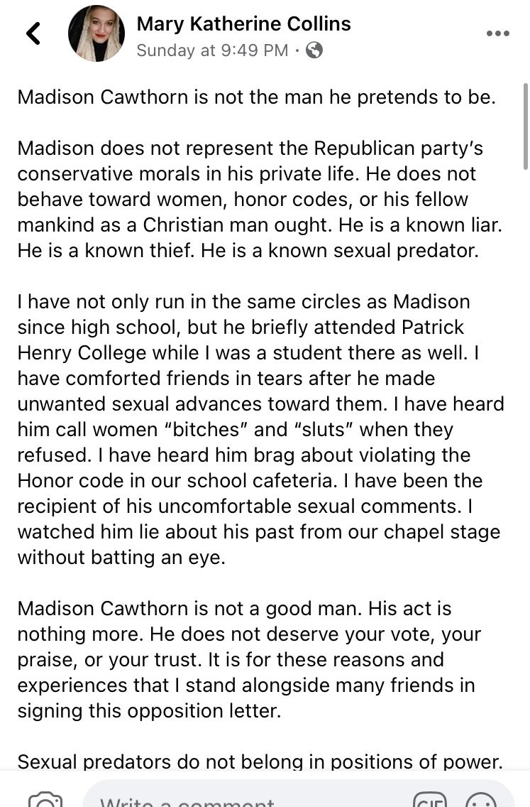 Patrick Henry College students speak out on Madison Cawthorn:"Being called a bitch, or a slut. Being sexually assaulted.""I watched him lie about his past from our chapel stage without batting an eye.""Cawthorn is the definition of an immoral private citizen." #nc11  #ncpol