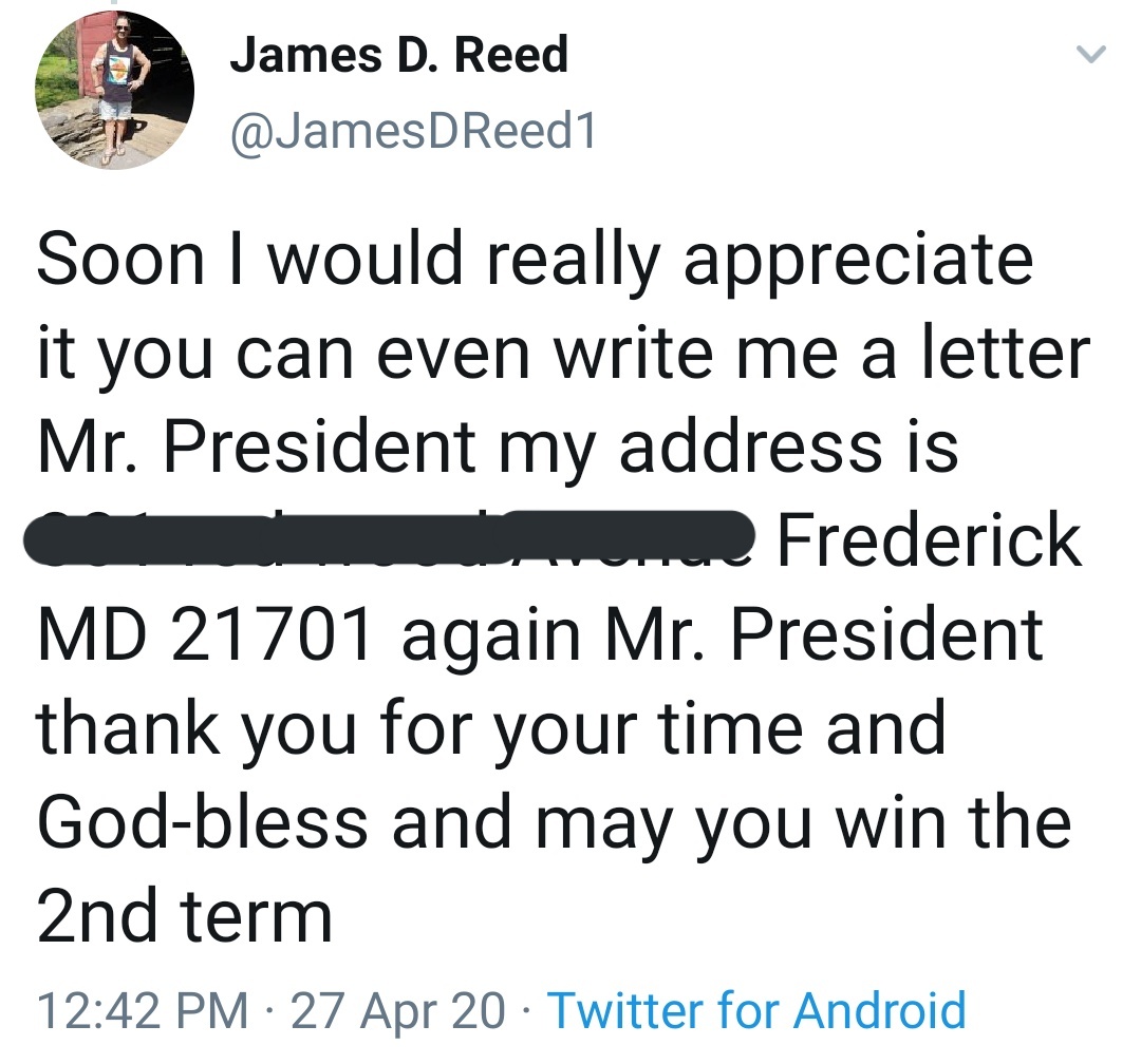 James Dale Reed, 42, of Frederick, Maryland is a Trump supporter who has tweeted to  @realDonaldTrump. He now faces a federal charge for threatening to assassinate Trump's opponents, Biden and Harris. When Trump invites lawlessness & violence, unstable individuals are listening.