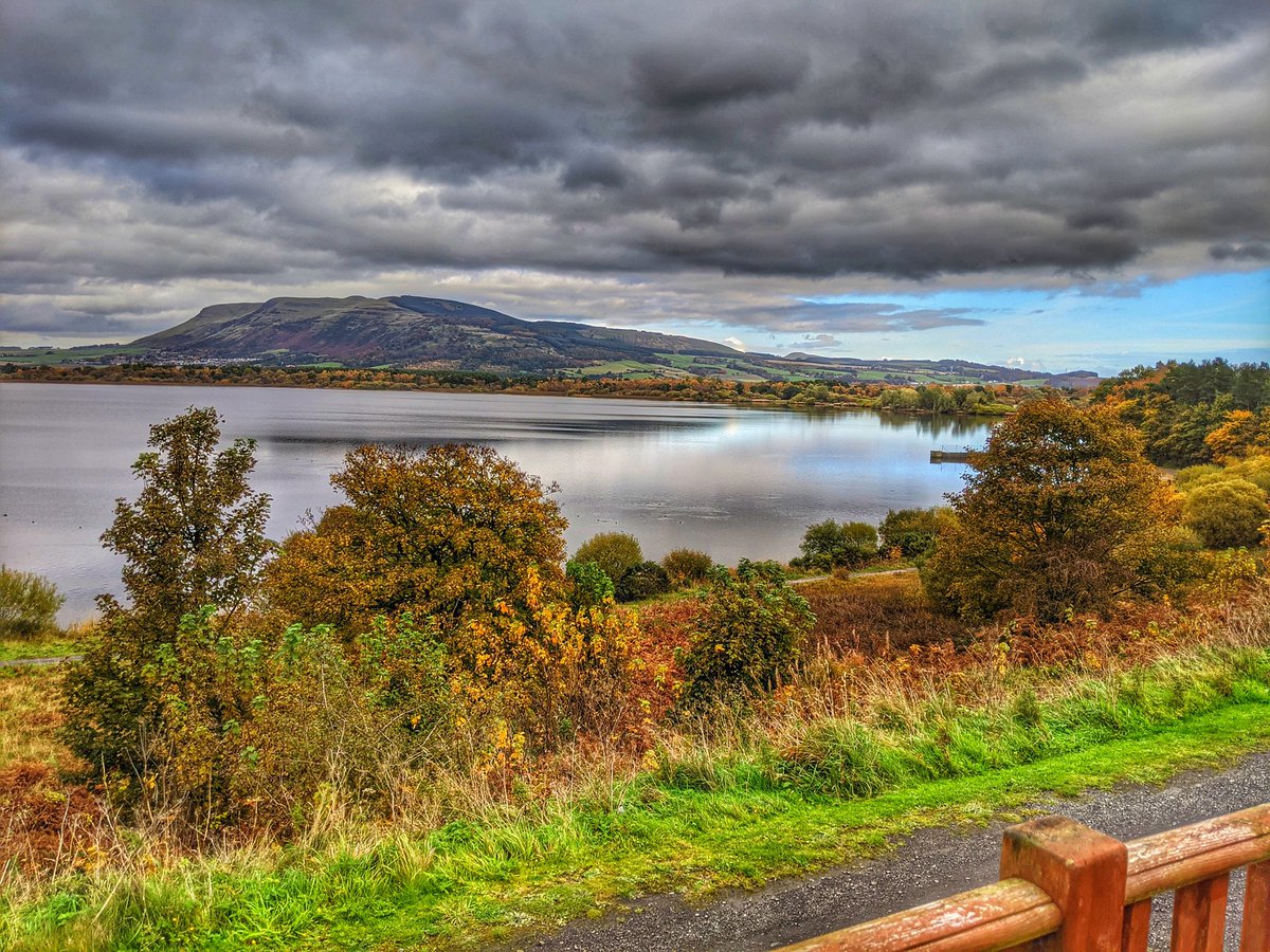 View of a loch and hills, with bright yellow and orange leaves visible on the foreground trees
