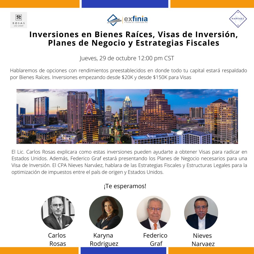 exfinia's tweet photo. Te invitamos el Jueves 29 de octubre a las 12:00 pm CST a una sesión informativa en donde hablaremos acerca de Inversiones en Bienes Raíces, Visas de Inversión, Planes de Negocio y Estrategias Fiscales.
.
Regístrate en: https://t.co/791Y9vlhM2
.
¡Te esperamos! https://t.co/MyCWeeFwrv