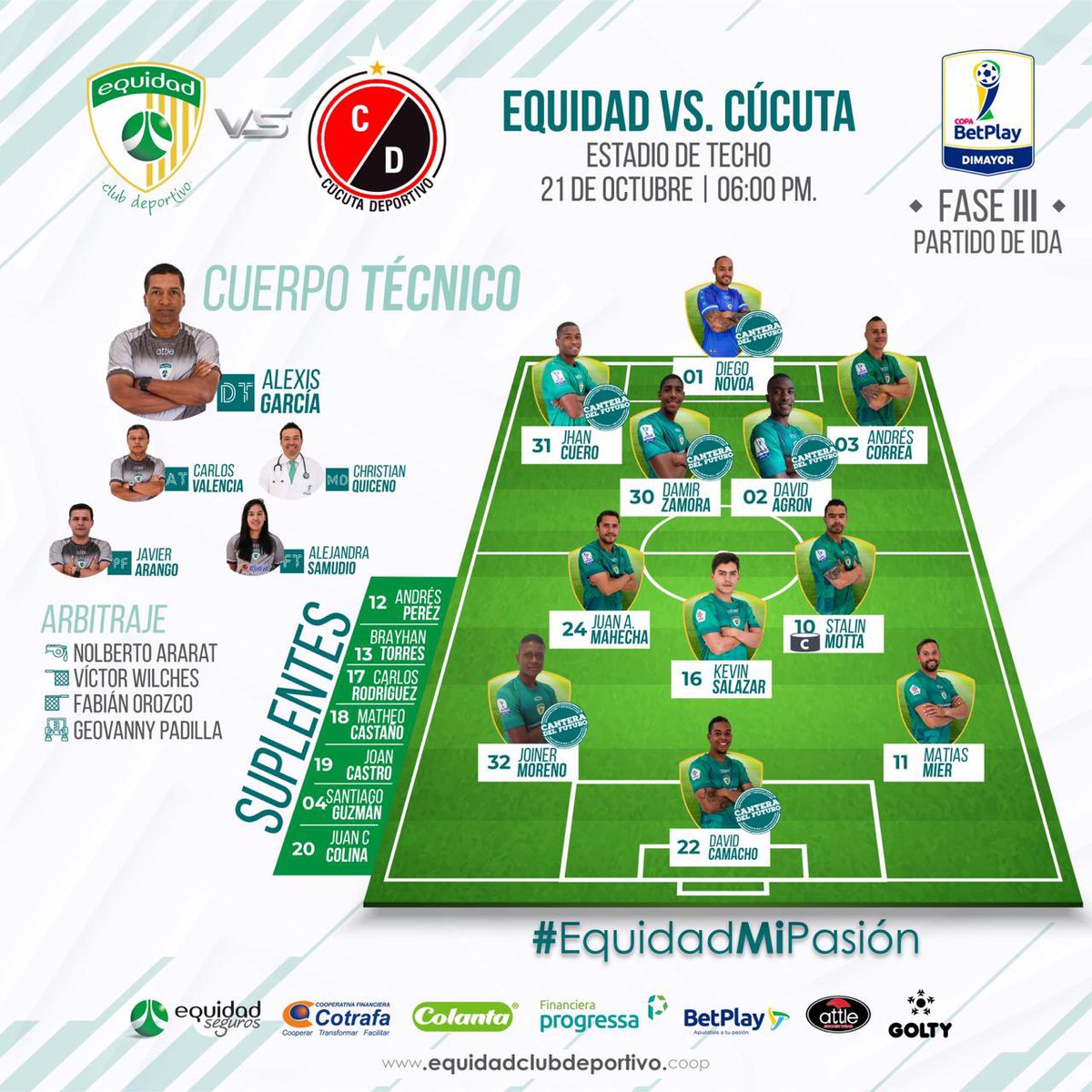 #ATENCIÓN ⚠️ ¡Así formará Equidad 🟢⚪️ frente a Cúcuta Deportivo por Copa BetPlay.
Siete cambios en la nómina titular:
Salen❌: Pacheco, Murillo, García, Lima, Barona, Zapata y Rodríguez.
Entran✅: Cuero, Zamora, Argón, Salazar, Moreno, Mier y Camacho. https://t.co/vQoKHBXpIi