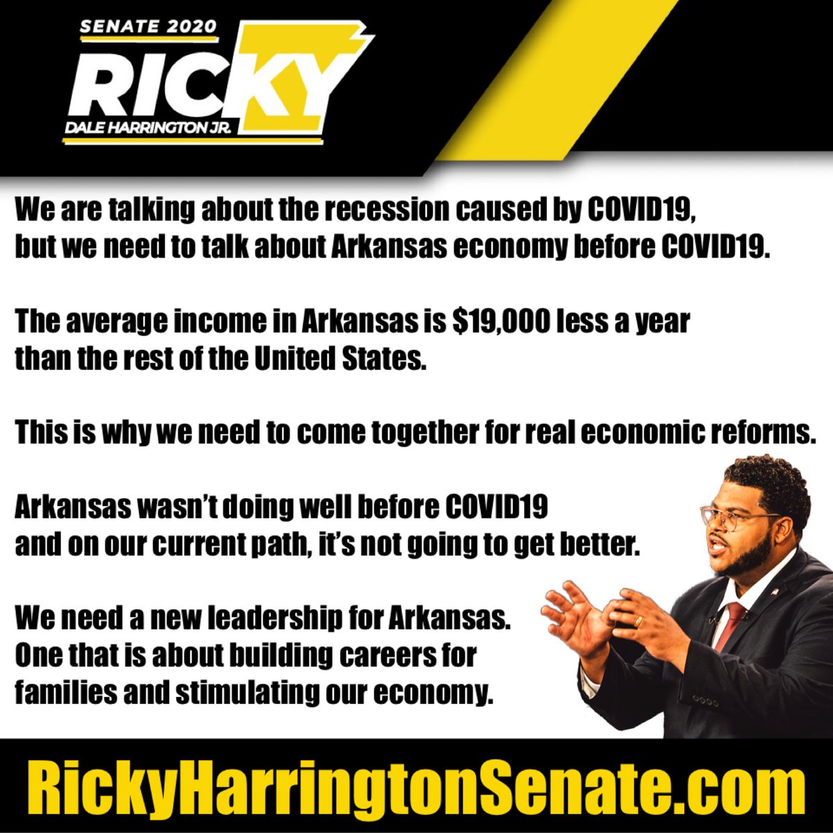 RickDHarrington's tweet photo. #ArkansansFirst #PeopleOverPolitics  #TomCottonNeedsToGo
You matter.  Your families matter.  Your voices matter.
We need real economic reform.  We need a Senator that cares.

#Vote #VoteGold #Vote2020 #RickyForSenate #Libertarian https://t.co/vIwGBFS0HA