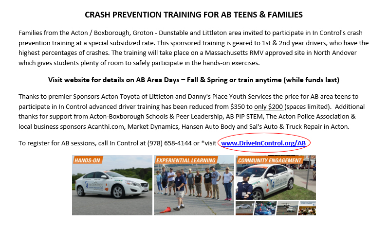 October National Teen Driver Safety week. SAVE on Local AB Drive In Control Classes offered at a discount while AB funds last. @ DriveInControl.org/AB.
Thank you🙏local business &amp; community sponsors &amp; supporters! Drive SAFE Acton Boxborough+!
#ABDriveInControl #ActonMA #Boxboro