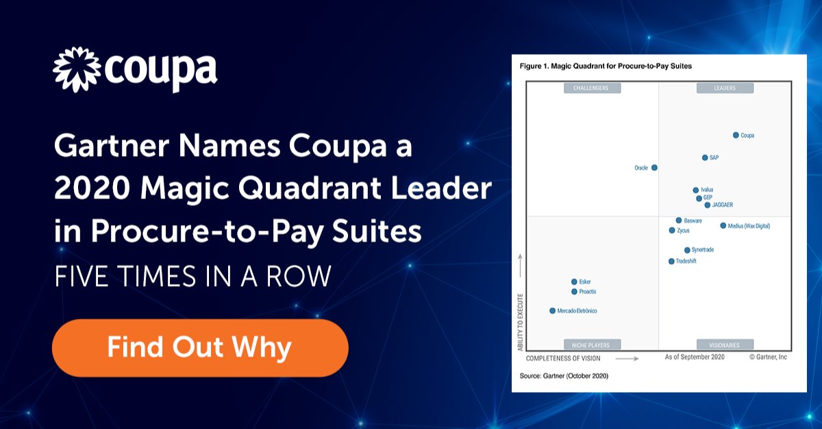 PallaviMathane's tweet photo. Coupa named a Magic Quadrant Leader for the 5th time in a row. https://t.co/azJ3B0weV8 @coupa @gartner_inc #procuretopay #bsm #coupaproud https://t.co/UbrbESsiXO