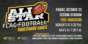 WSUSportProgram's tweet image. Join us for the All Star Flag Football Homecoming Games!
- Football under the lights
- Free @SFEspressoICT hot chocolate
- Pep Band
- Homecoming Court
- Text to win door prizes
- T-shirt Cannon
#ShocksPlay
@WichitaStateSA @WSU_CampusRec